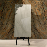 Celeste White glossy marble effect porcelain tile 60x120cm with 9mm thickness features bright white base, soft grey veins and polished finish.