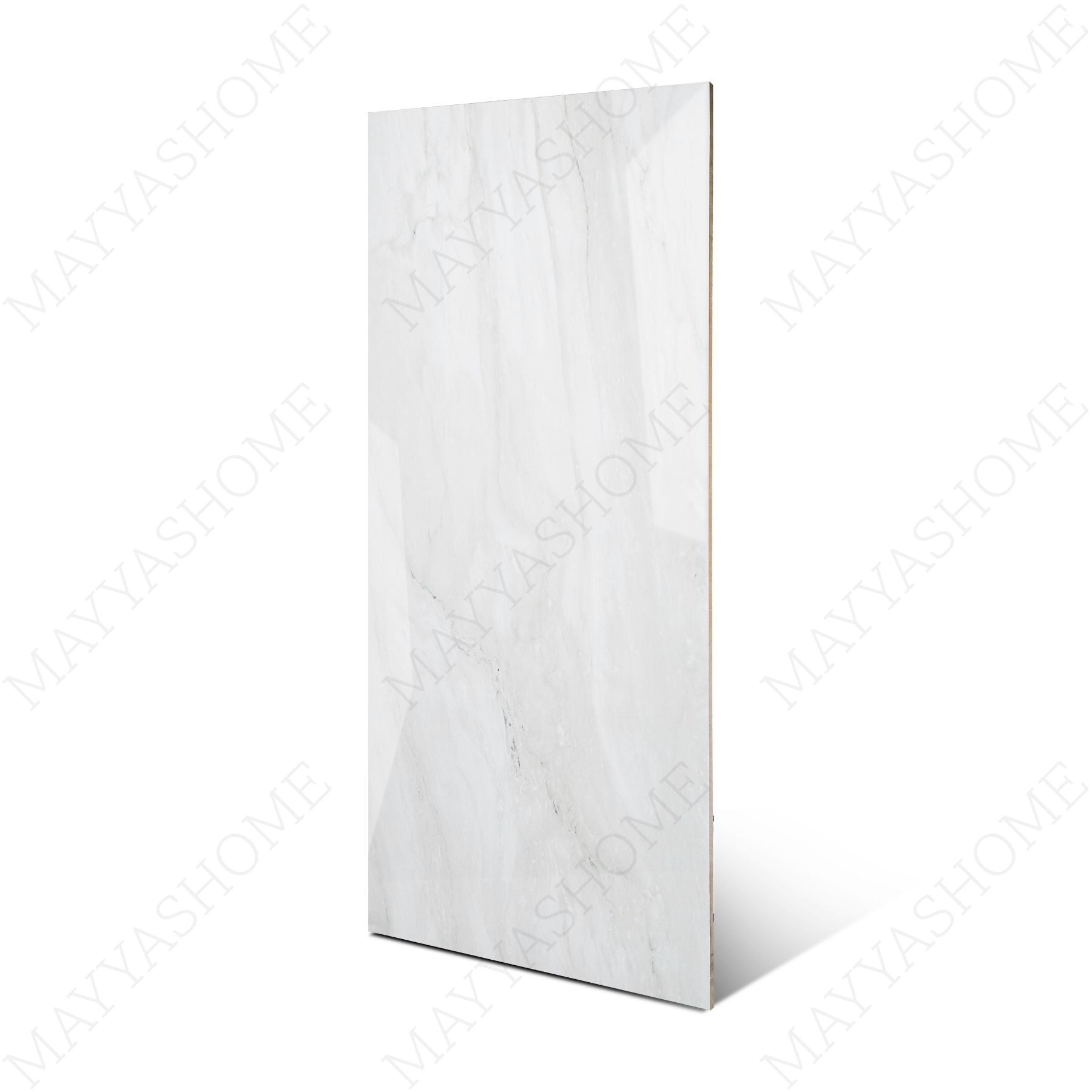 Celeste White glossy marble effect porcelain tile 60x120cm with 9mm thickness features bright white base, soft grey veins and polished finish.