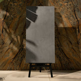 Cemento Nero porcelain tile in 60x120cm size with dark concrete look, deep charcoal tones and durable 9mm thickness for floors and walls.