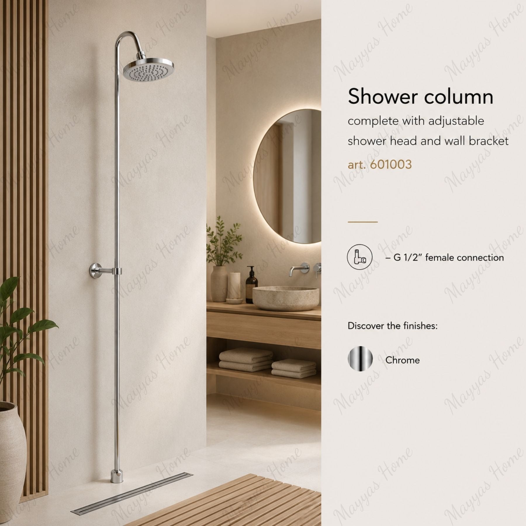 Commercial shower column with adjustable shower head, wall bracket and G1/2 female connection. Perfect for hotels, gyms, hospitals and bathrooms across UAE.