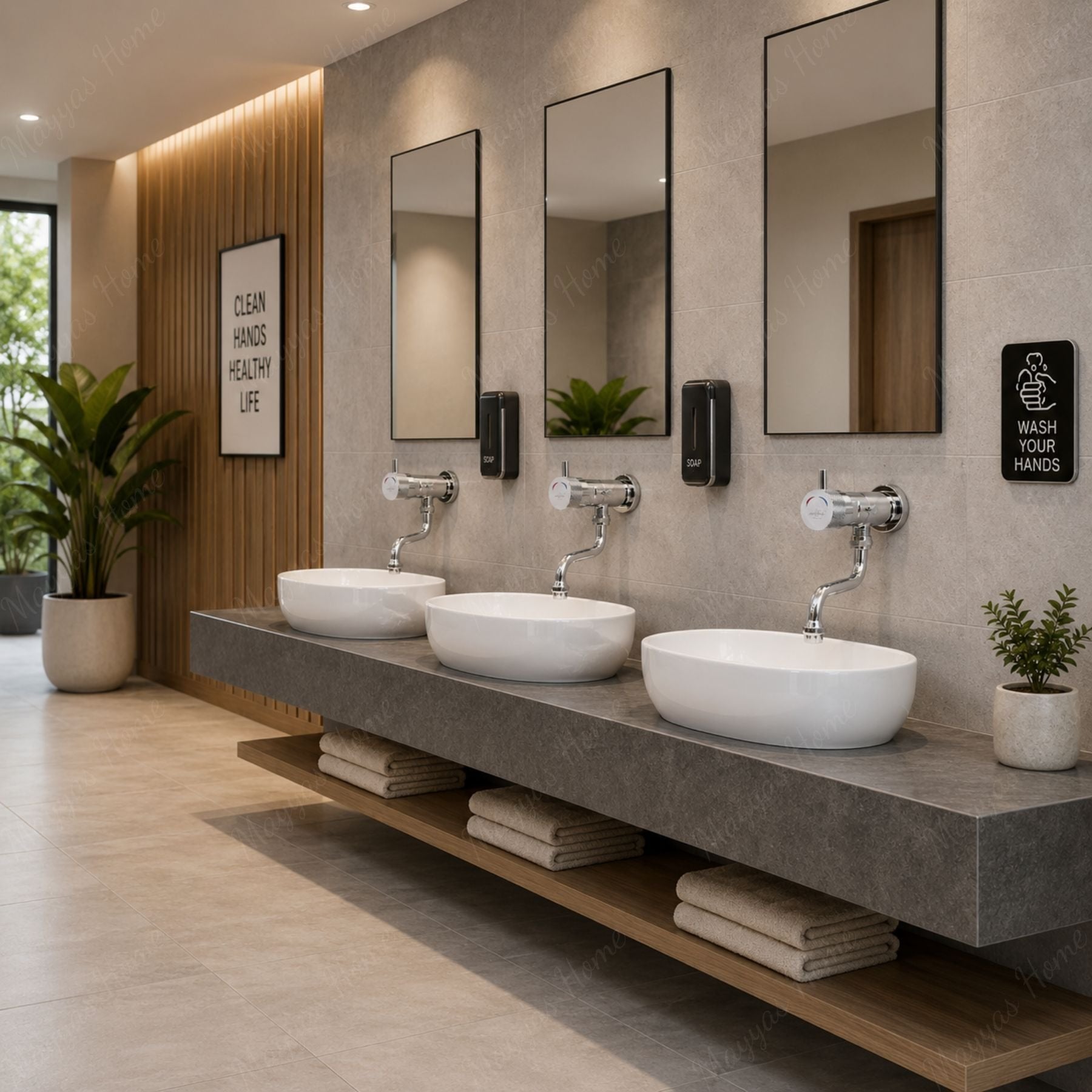Commercial wall-mounted timed mixer tap with swivel spout, push-button activation, adjustable flow control and anti-vandal protection for UAE washrooms.
