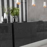 Cosmic Black 80x240cm glossy porcelain tile with deep black tones and shimmering details. Perfect for bold walls, luxury floors, and countertops.