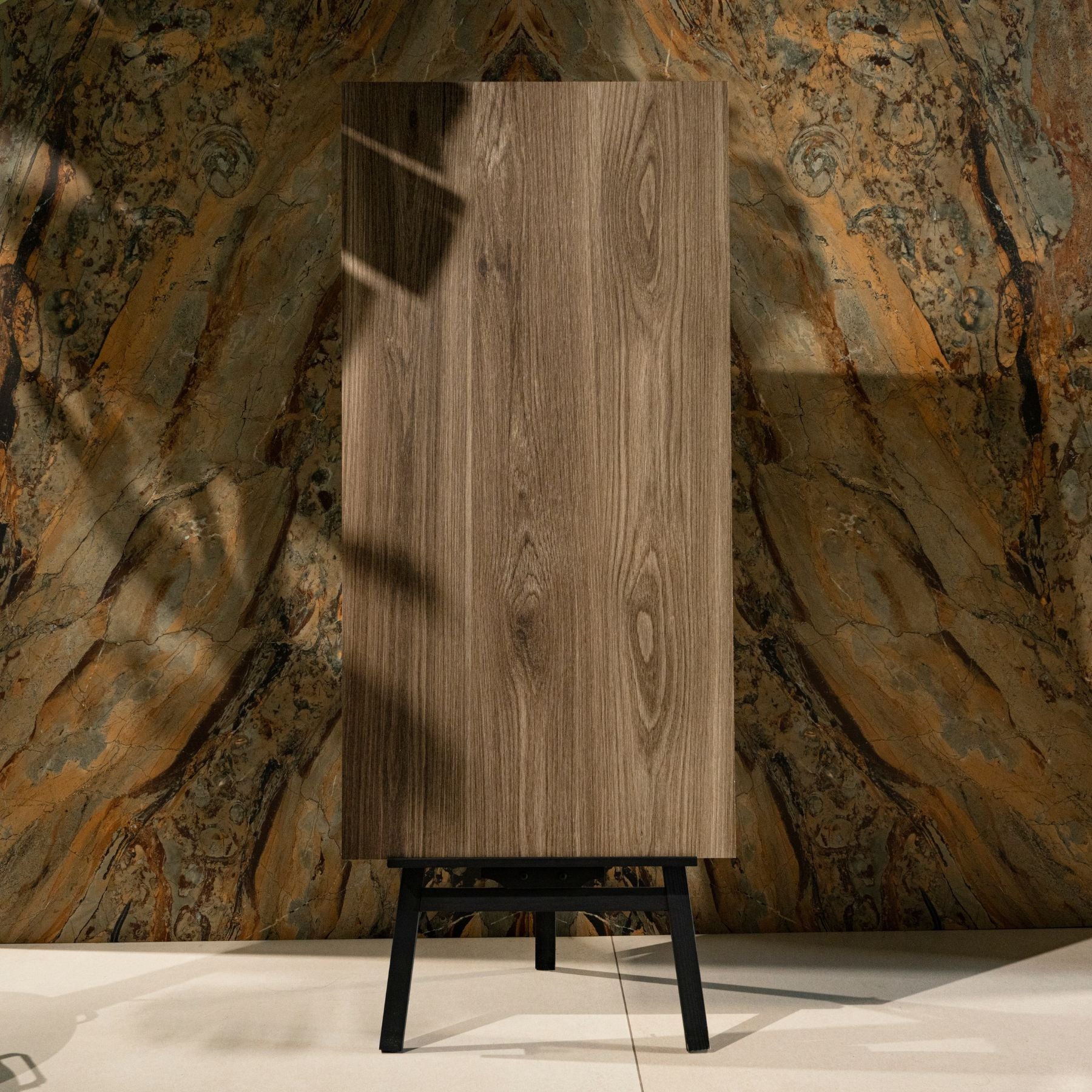 Cottage Brown porcelain tile 60×120cm features a rich wood-inspired design with warm brown tones, durable porcelain body, ideal for floors and walls.