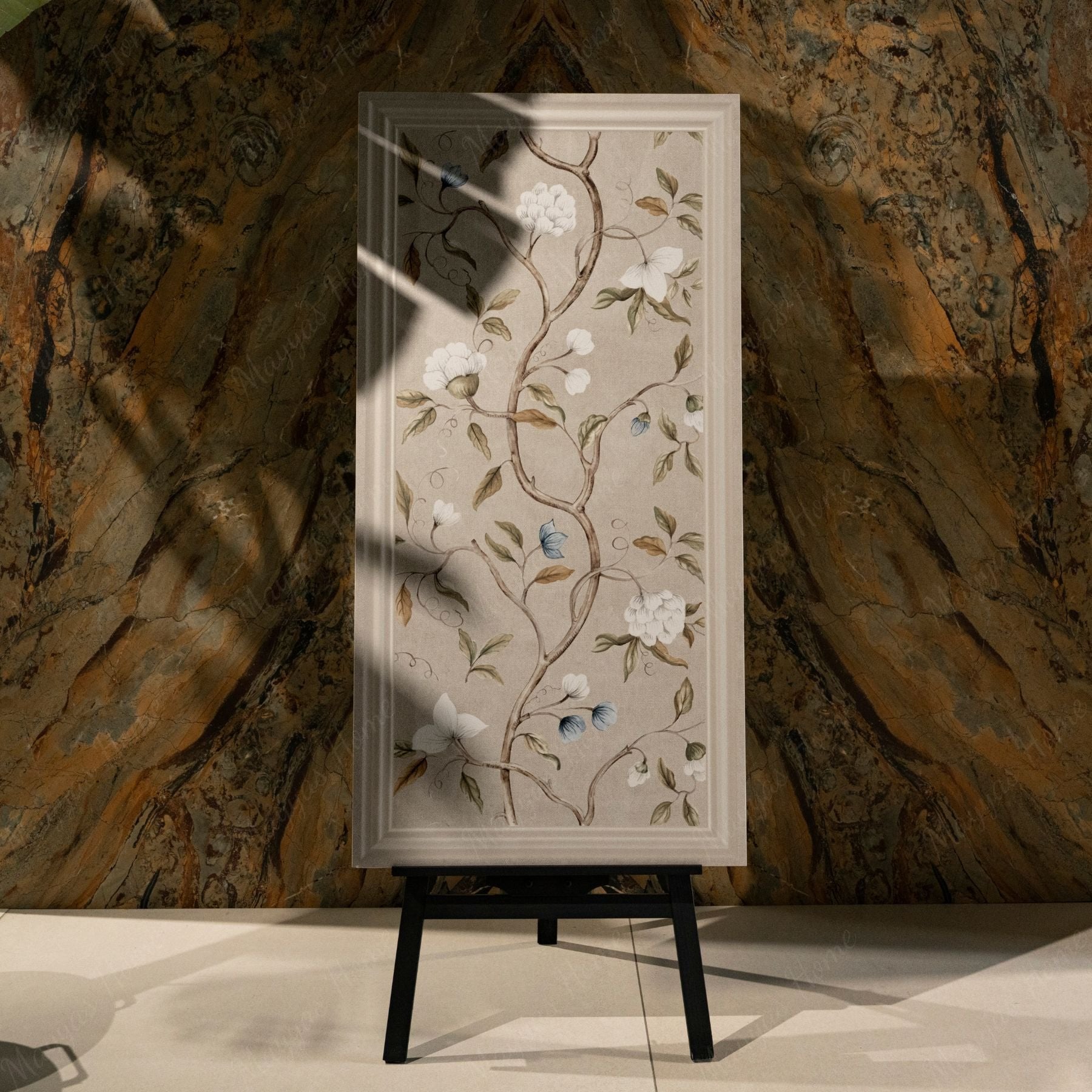 Crema Frame Blossom matt stone effect porcelain tile 60x120cm with 9mm thickness features soft beige tones and elegant floral detailing.