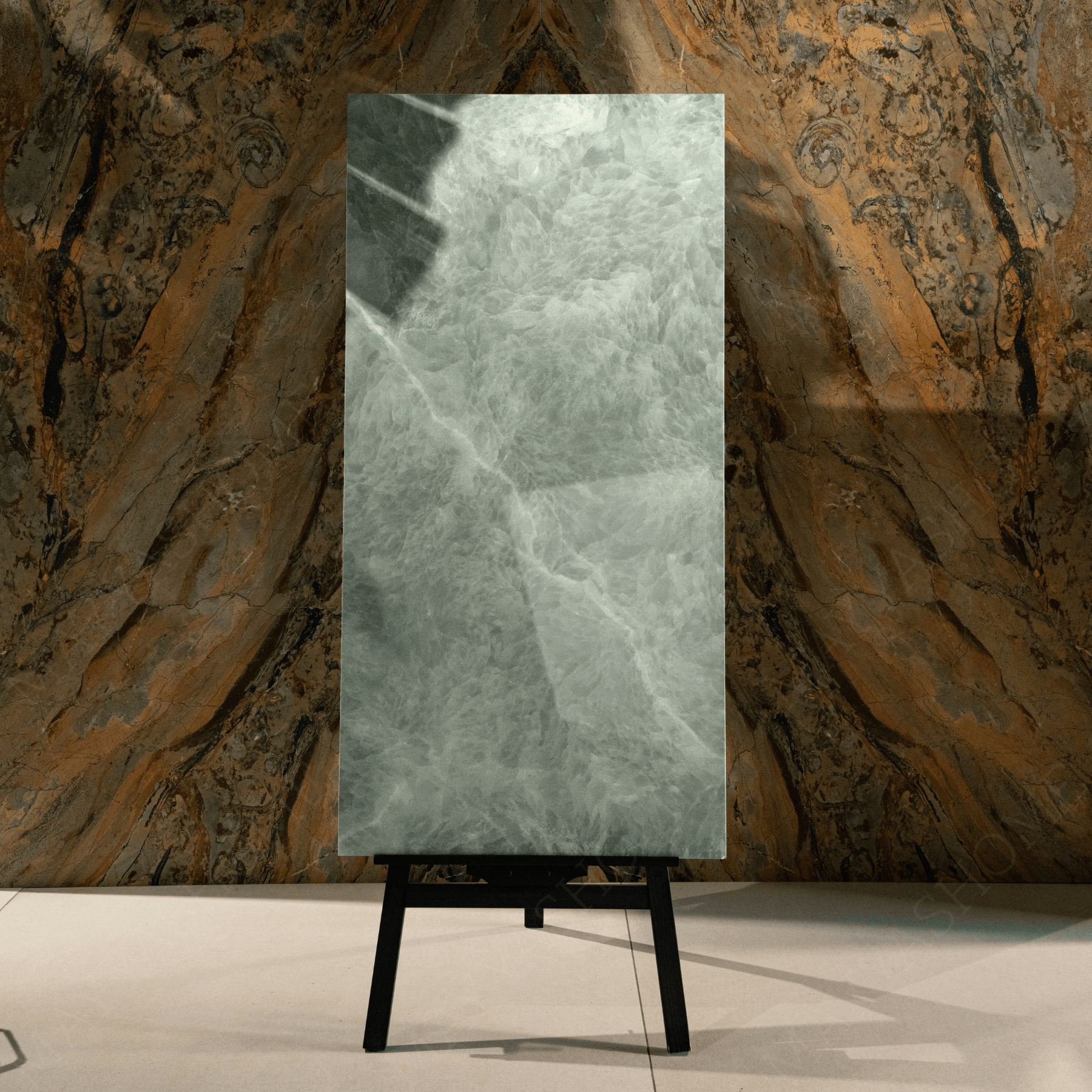 Emerald Fur porcelain tile 60x120cm 9mm thickness, green marble look design, durable porcelain, ideal for modern floors and walls.