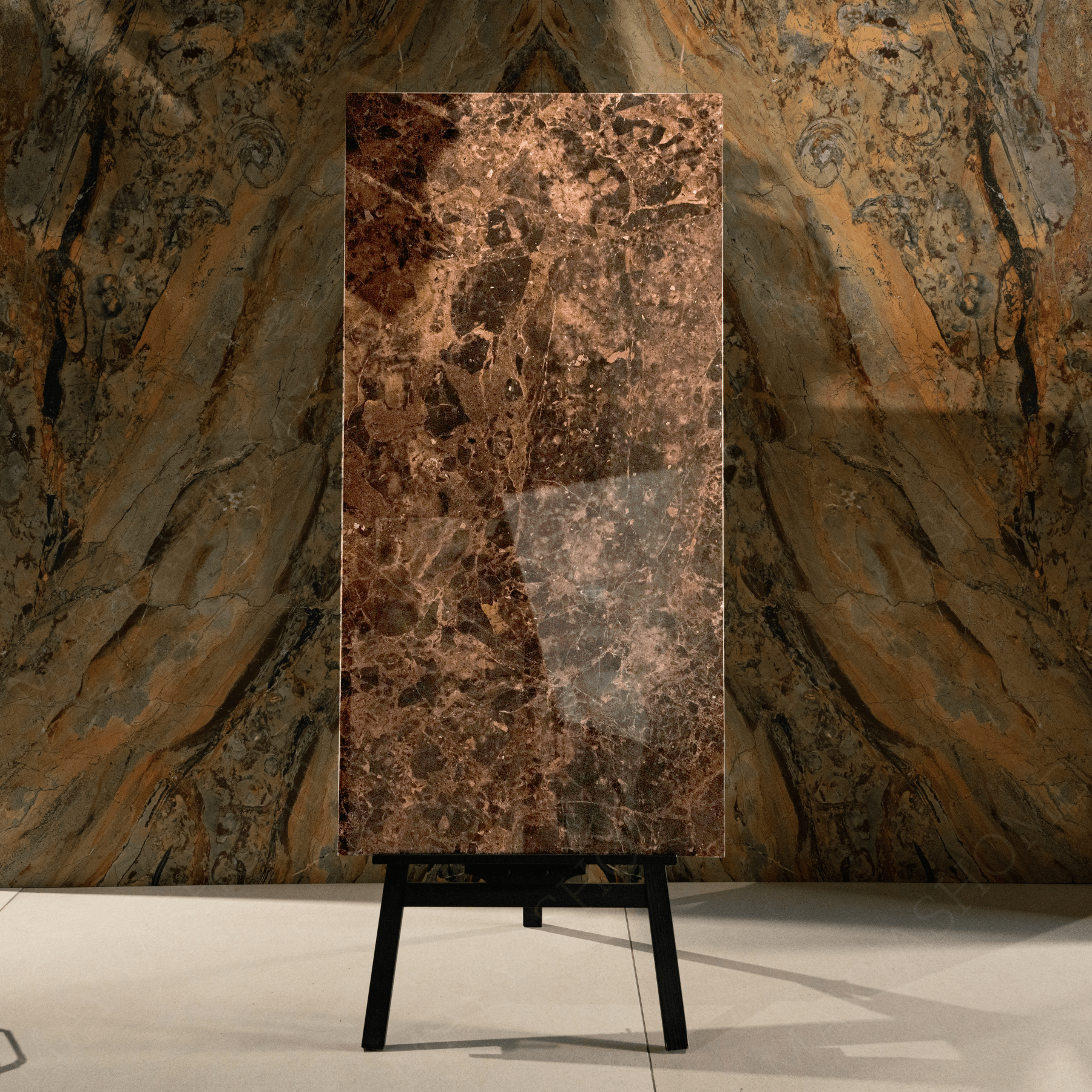 Emperador Coffee porcelain tile 60x120cm 9mm thickness, marble look design, durable porcelain, ideal for floors and walls.