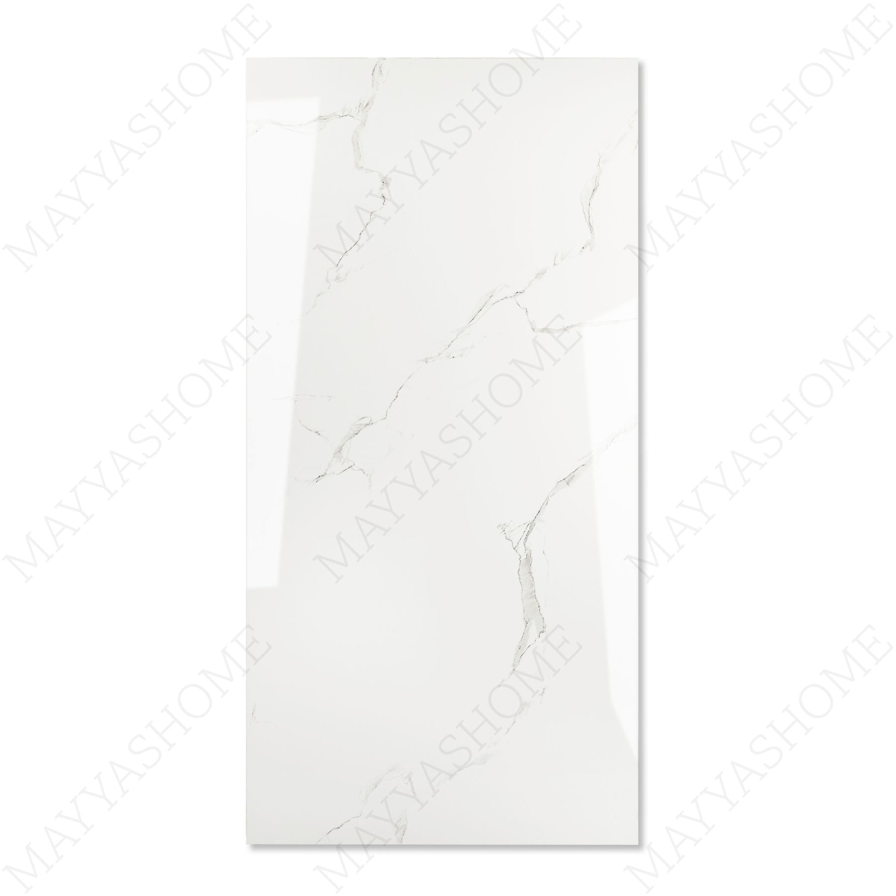 Eterna White glossy marble effect porcelain tile 60x120cm with 9mm thickness features bright white base, soft grey veins and polished finish.