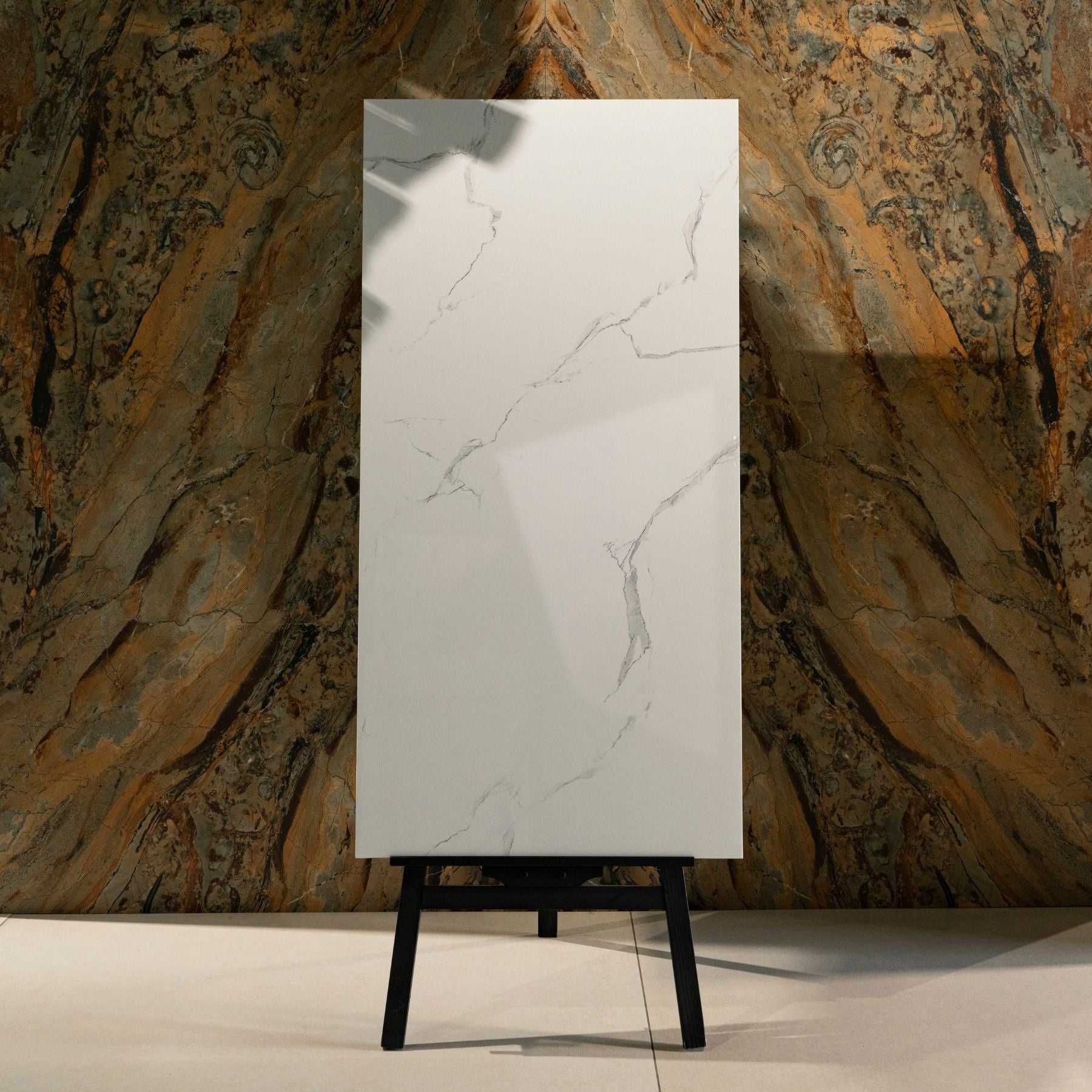 Eterna White glossy marble effect porcelain tile 60x120cm with 9mm thickness features bright white base, soft grey veins and polished finish.