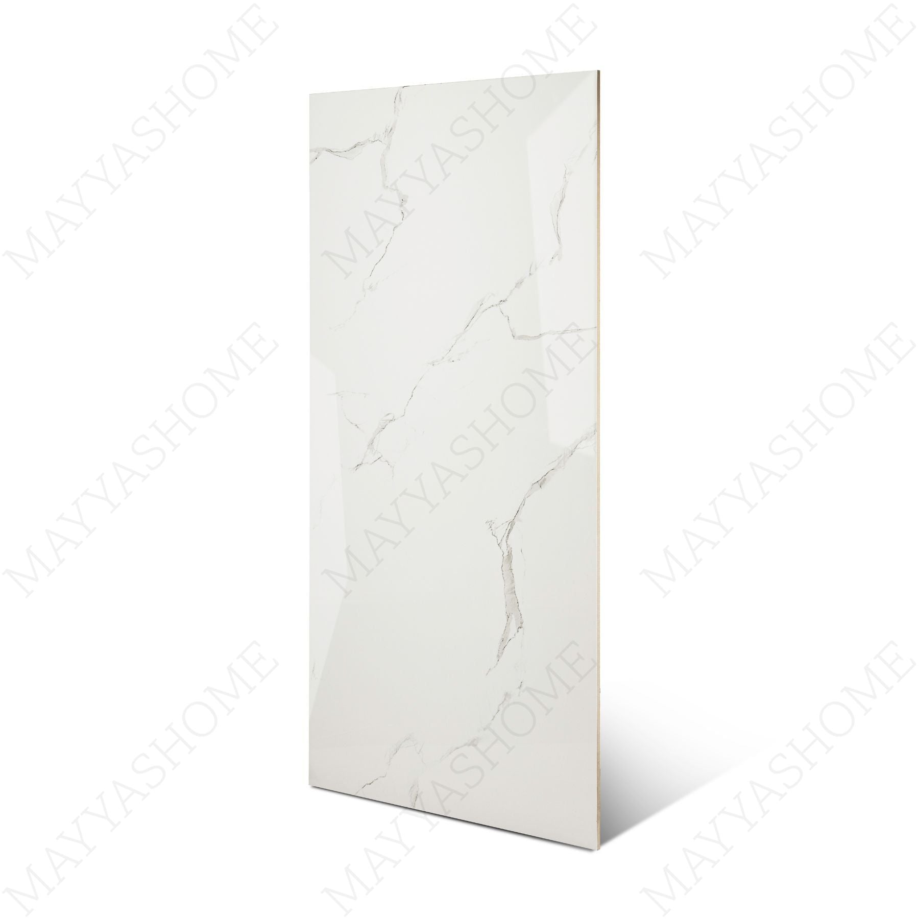 Eterna White glossy marble effect porcelain tile 60x120cm with 9mm thickness features bright white base, soft grey veins and polished finish.
