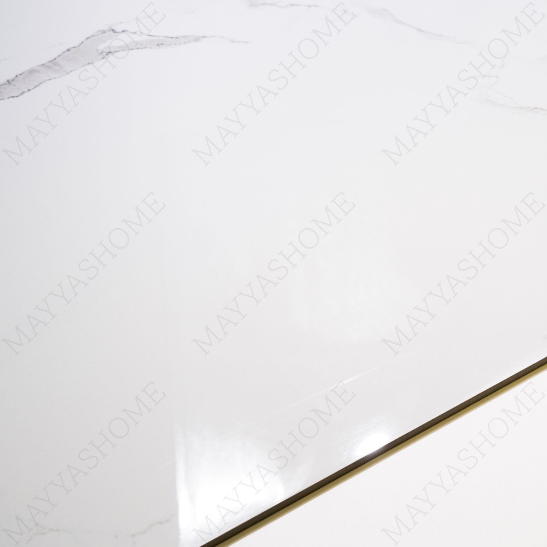 Eterna White glossy marble effect porcelain tile 60x120cm with 9mm thickness features bright white base, soft grey veins and polished finish.
