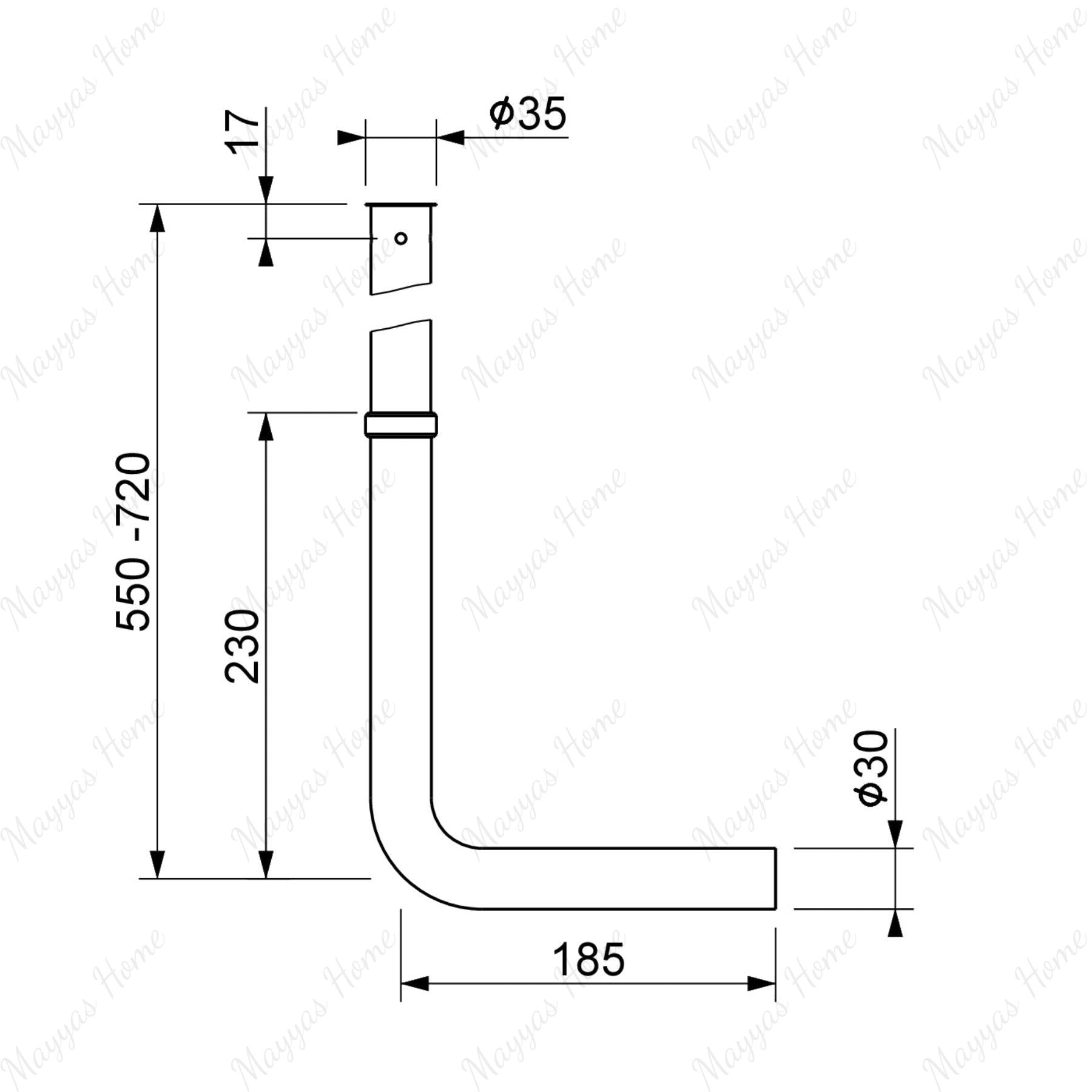 External telescopic L-shaped exhaust pipe with Ø30mm outlet for exposed plumbing systems. Ideal for commercial, hospitality and residential bathroom projects in UAE.