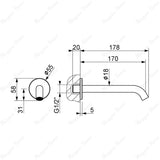 Fixed washbasin spout for wall installation with G1/2 male threaded connection. Premium chrome spout for hotels, hospitals, offices and residential bathrooms in UAE.