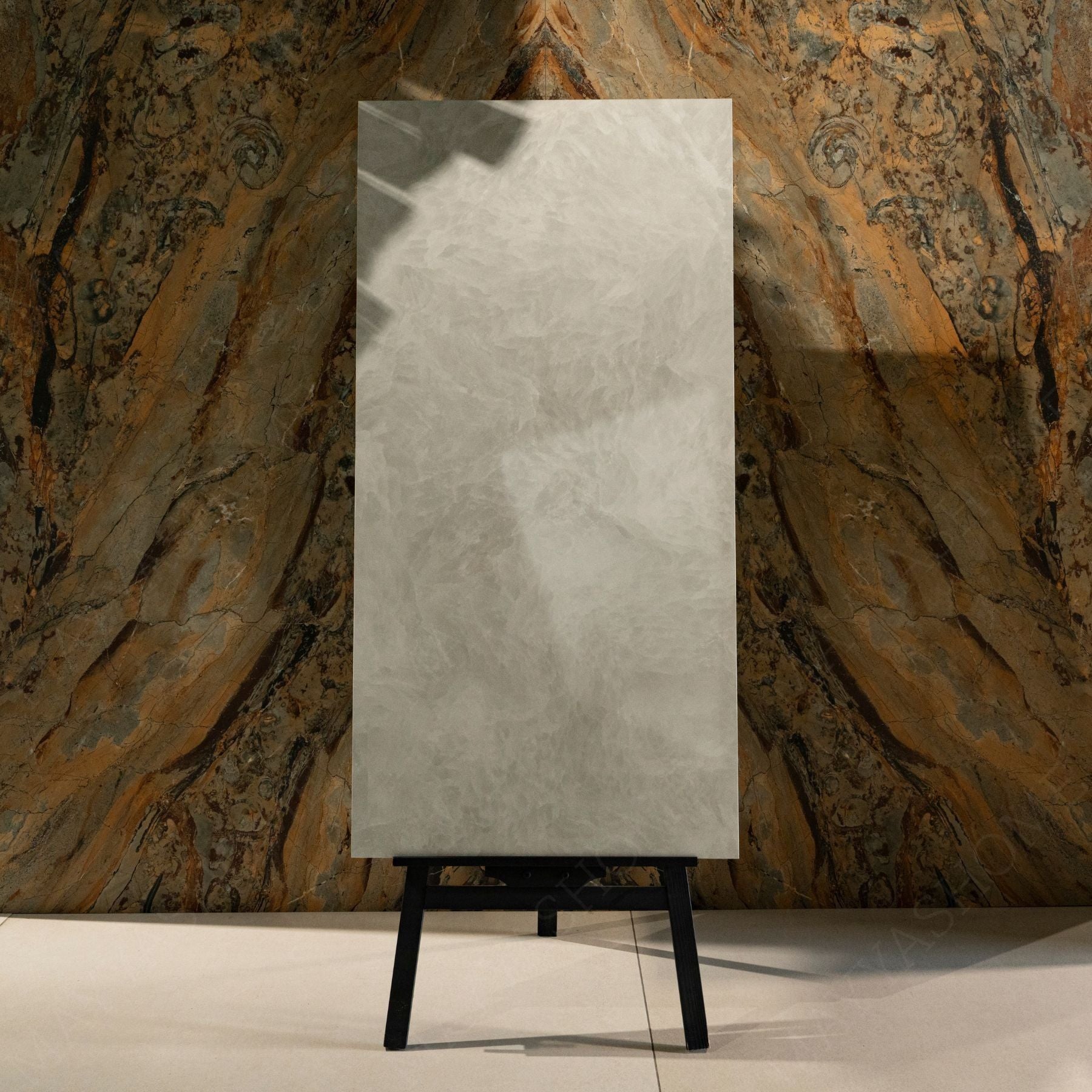 Fur Ice glossy marble effect porcelain tile 60x120cm with 9mm thickness features icy white base, soft grey texture and polished finish.