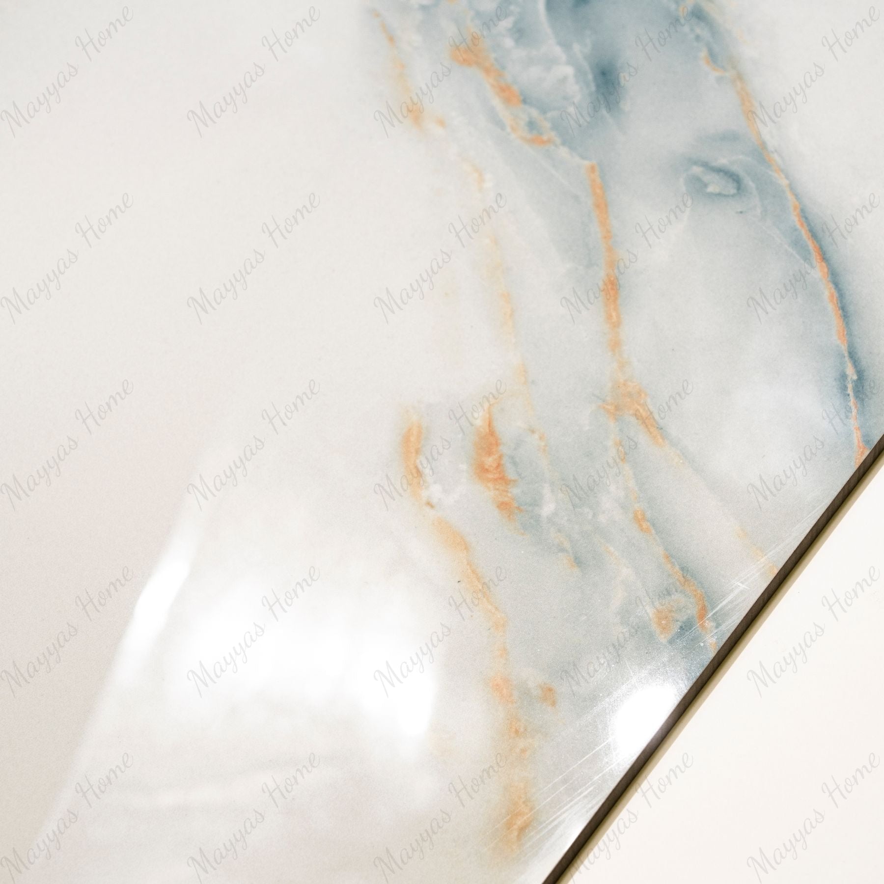 Grazzu Azul glossy marble effect porcelain tile 60x120cm with 9mm thickness features rich blue tones and polished luxury finish.
