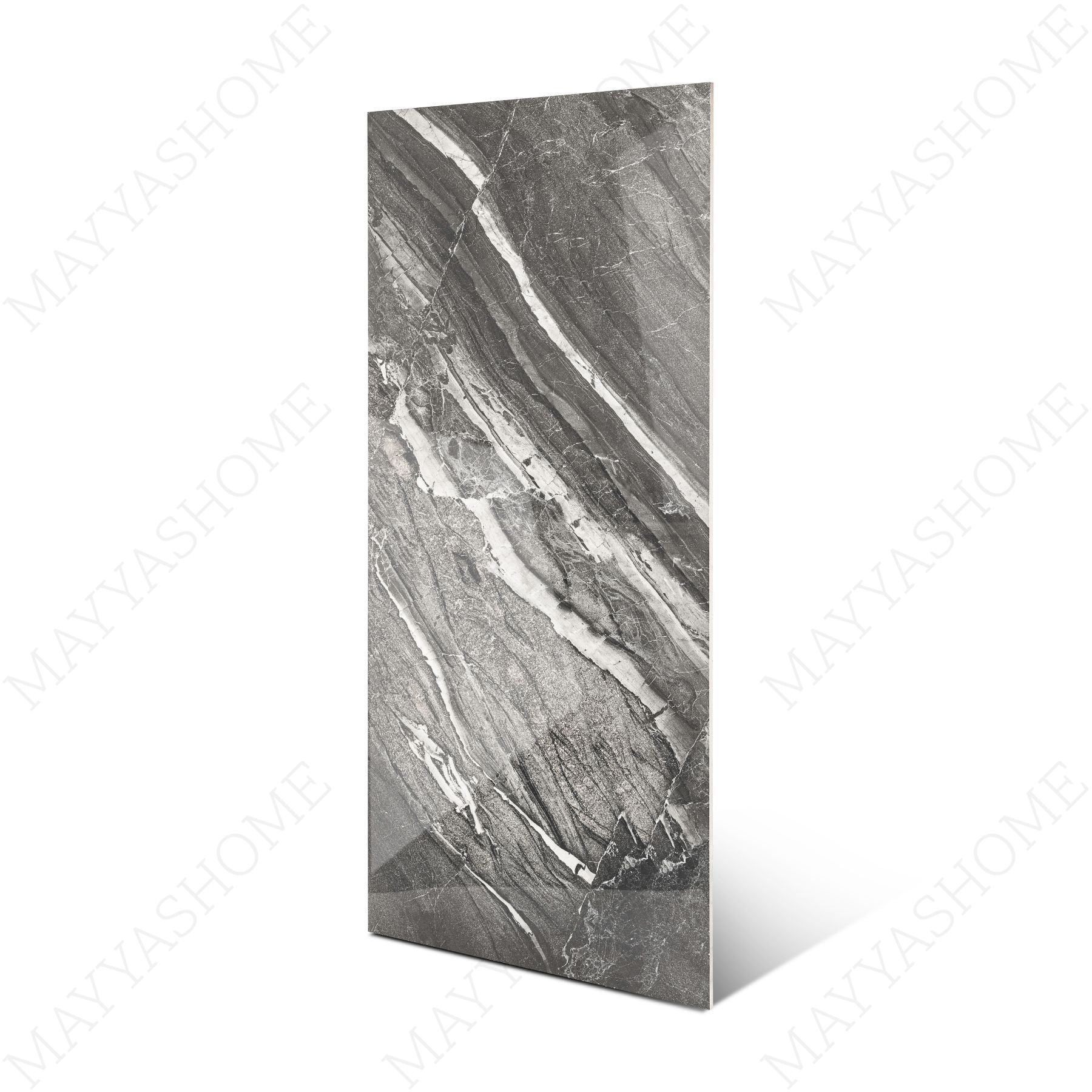 Grigio Imperiale glossy marble effect porcelain tile 60x120cm with 9mm thickness features elegant grey veining and a polished luxury finish.