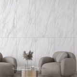 Hore Statuario 120x240cm matt porcelain tile with 09mm thickness. White marble look with soft grey veins, elegant matt finish for walls and floors.