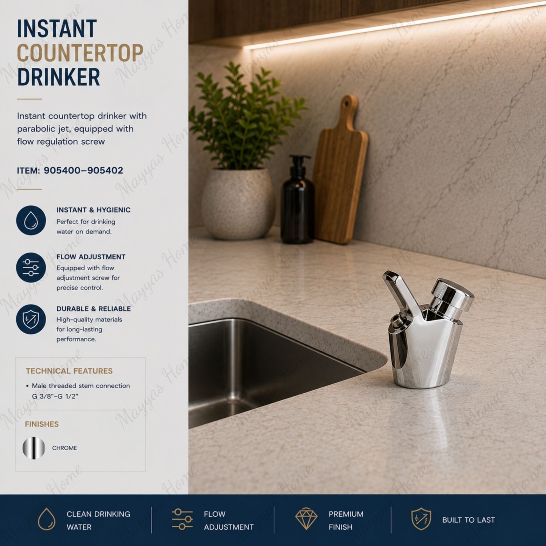 Instant countertop water drinker with parabolic jet, flow regulation screw and G3/8 or G1/2 connection. Ideal for schools, hospitals and public facilities in UAE.