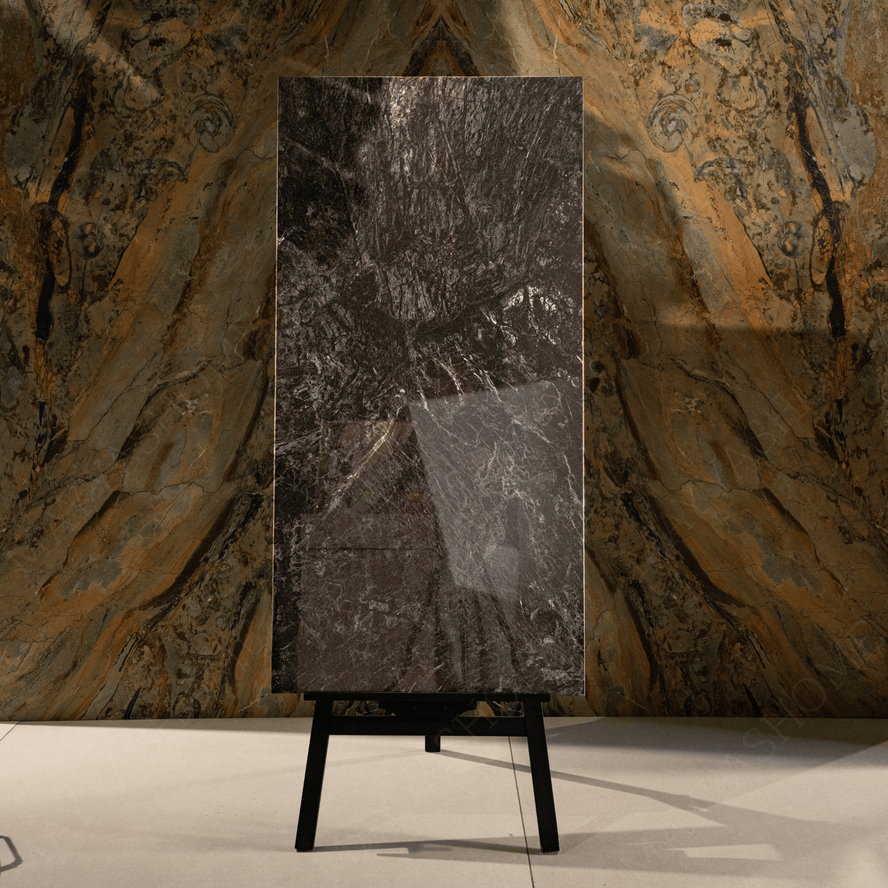 Irish Noir porcelain tile 60x120cm 9mm thickness, bold black marble look design, durable porcelain, ideal for luxury floors and walls.