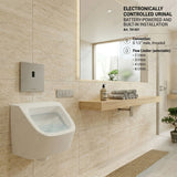 Italian-made electronic urinal flush valve with battery-powered sensor operation, concealed installation, and brushed steel finish for hygienic UAE washrooms.