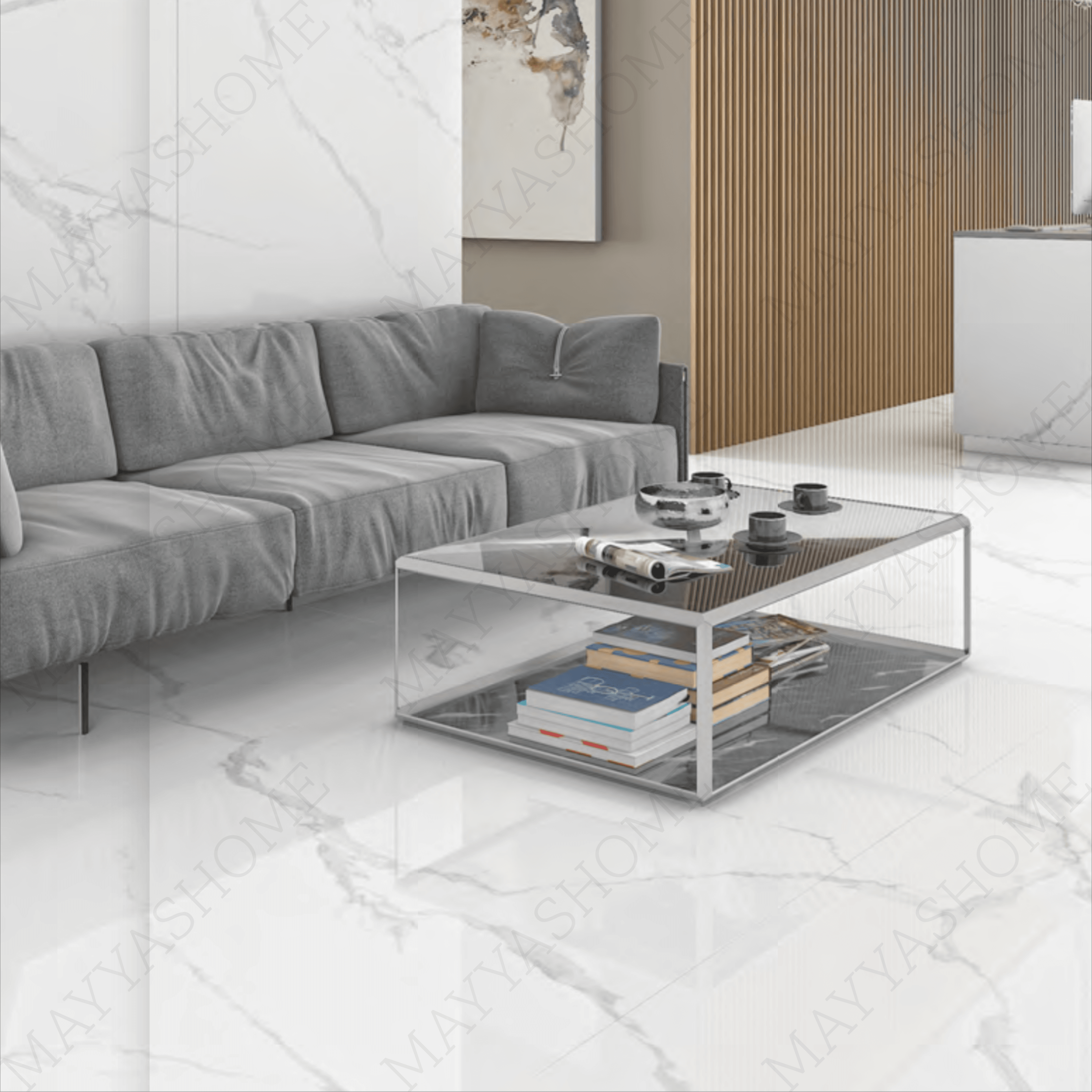 Lexus White Dark 120x240cm end-match glossy tile. Striking marble-inspired porcelain with seamless design, ideal for modern luxury interiors.