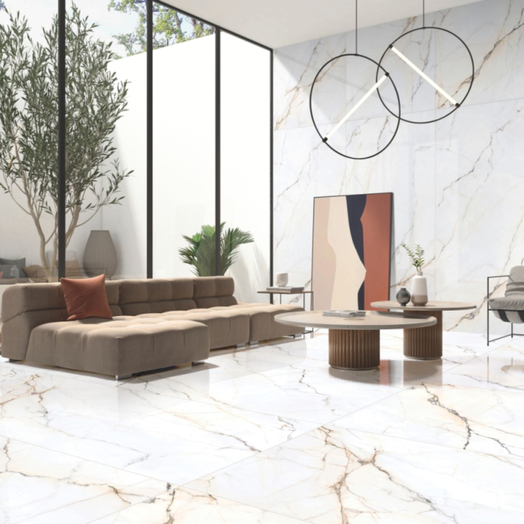 Lincoln Oro polished porcelain tile in 120x280cm with 6mm thickness. Extra-large floor and wall tile for premium residential and commercial interiors.