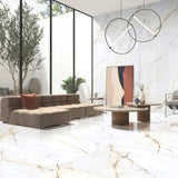 Lincoln Oro polished porcelain tile in 120x280cm with 6mm thickness. Extra-large floor and wall tile for premium residential and commercial interiors.