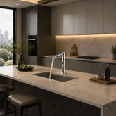 Luxury battery-powered electronic pre-mixed basin tap with extended body, modern above-counter installation and smart water-saving flow control.