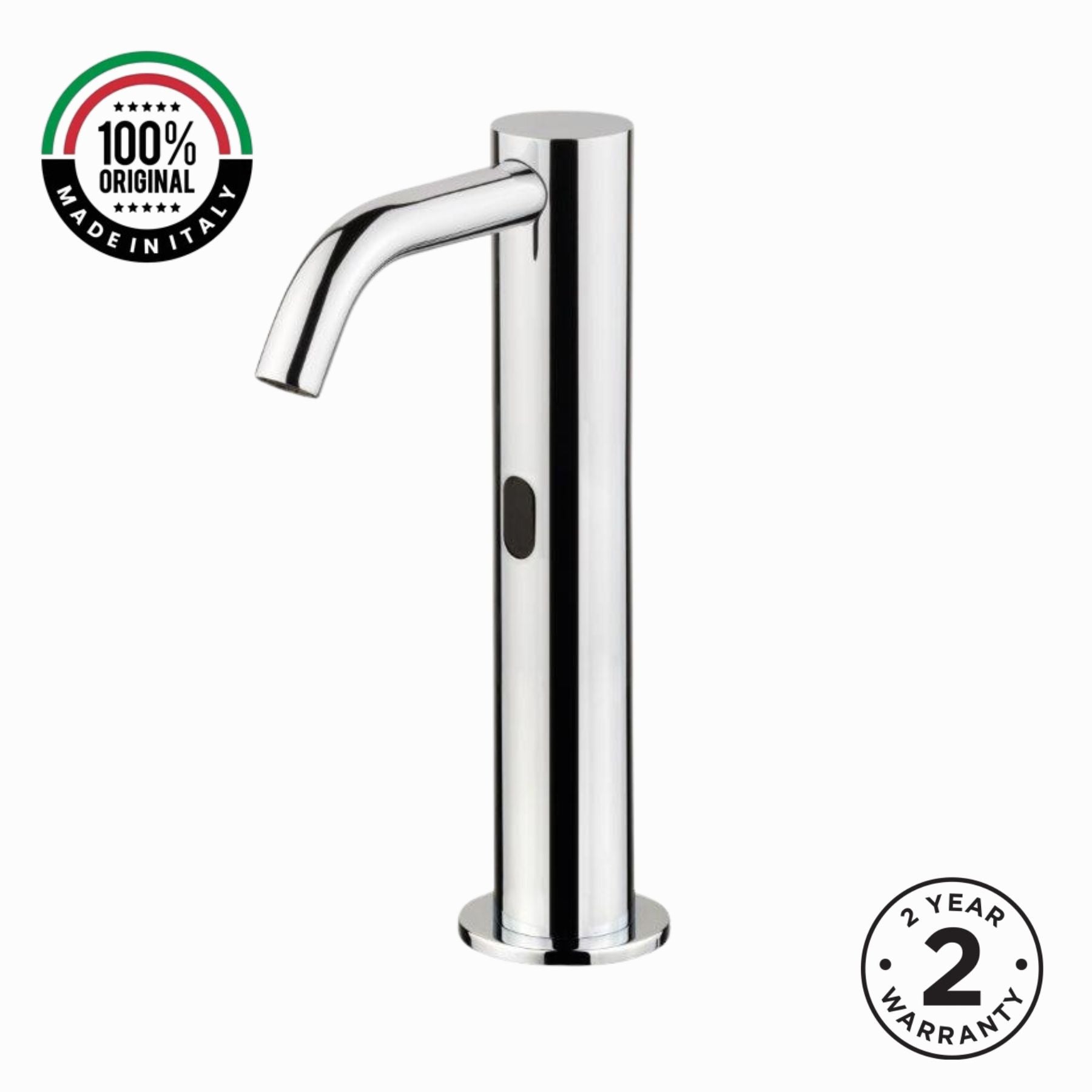 Luxury battery-powered electronic pre-mixed washbasin tap with extended body, above-counter installation and smart water-saving flow control.