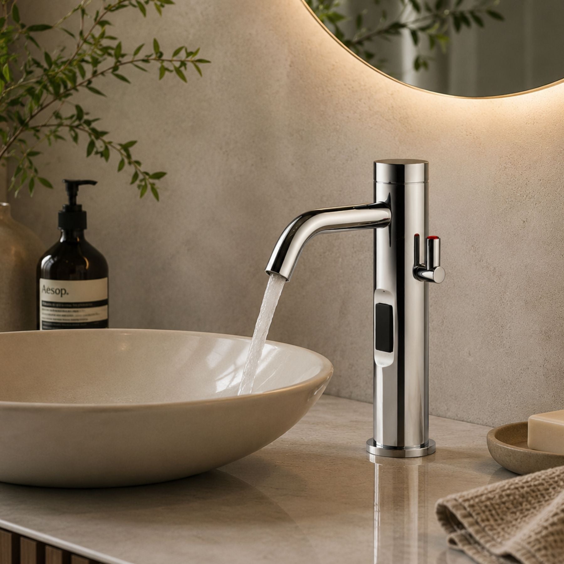 Luxury battery-powered electronic sink mixer tap with above-counter installation and smart water-saving flow control.
