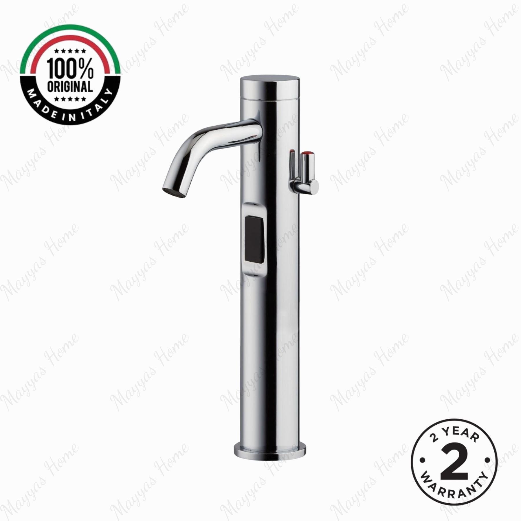 Luxury battery-powered electronic washbasin mixer tap with extended body, above-counter installation and smart water-saving flow control.