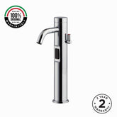 Luxury battery-powered electronic washbasin mixer tap with extended body, above-counter installation and smart water-saving flow control.