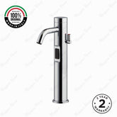 Luxury battery-powered electronic washbasin mixer tap with extended body, above-counter installation and smart water-saving flow control.