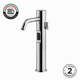 Luxury mains-powered electronic basin mixer tap with extended body, modern above-counter installation and water-saving flow control.