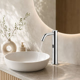 Luxury mains-powered electronic pre-mixed washbasin tap with extended body, above-counter installation and smart water-saving flow control.