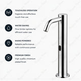 MCM 703504 electronic single-water washbasin tap made in Italy. Mains-powered operation, extended body design, premium Italian craftsmanship, water-saving flow limiter, and 2-year warranty.