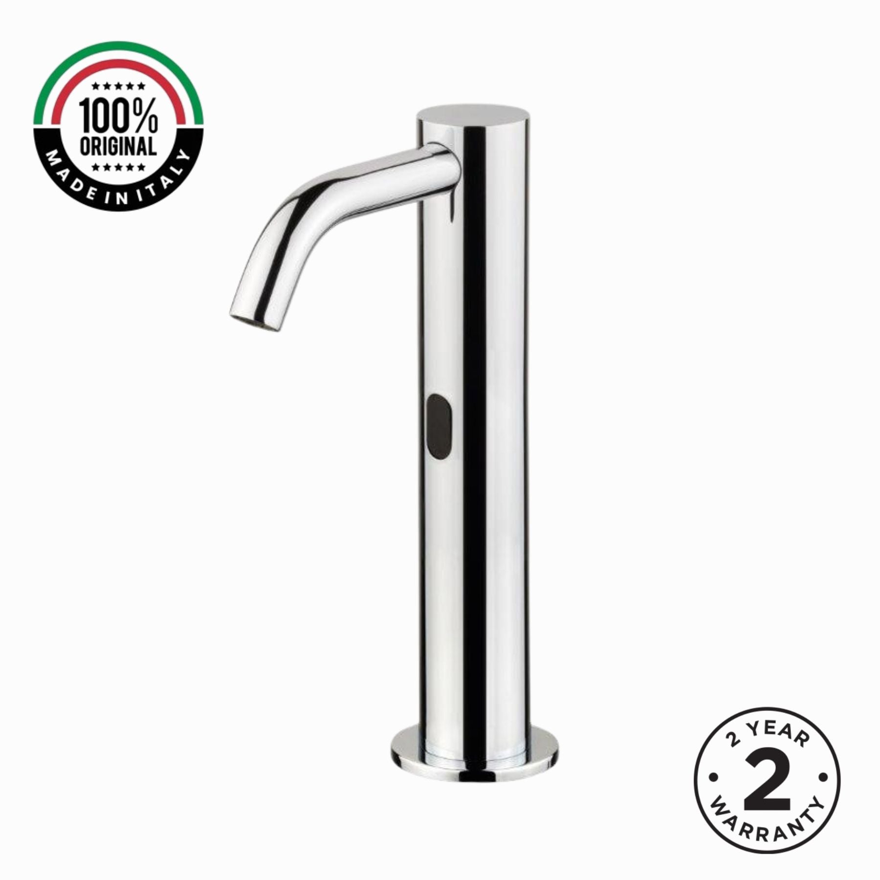MCM 703505 electronic single-water washbasin tap made in Italy. Battery-powered operation, extended body design, premium Italian craftsmanship, water-saving flow limiter, & 2-year warranty.
