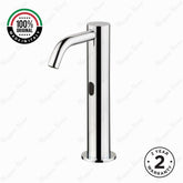 MCM 703505 electronic single-water washbasin tap made in Italy. Battery-powered operation, extended body design, premium Italian craftsmanship, water-saving flow limiter, & 2-year warranty.