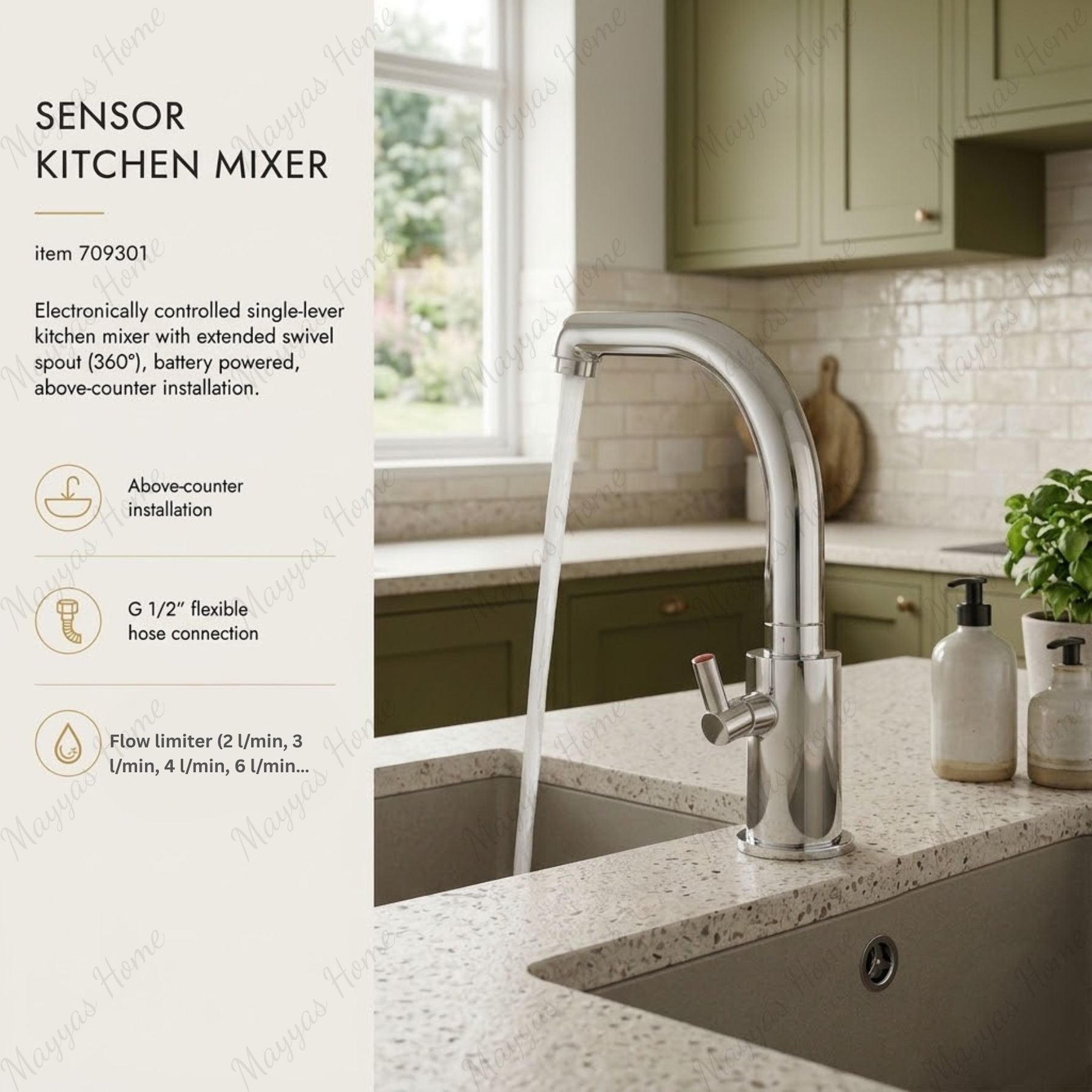 MCM 709301 electronic sink mixer tap with swivel spout made in Italy. Battery-powered operation, chrome finish, water-saving flow limiter, and 2-year warranty.
