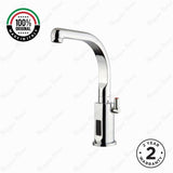 MCM 709301 electronic sink mixer tap with swivel spout made in Italy. Battery-powered operation, chrome finish, water-saving flow limiter, and 2-year warranty.