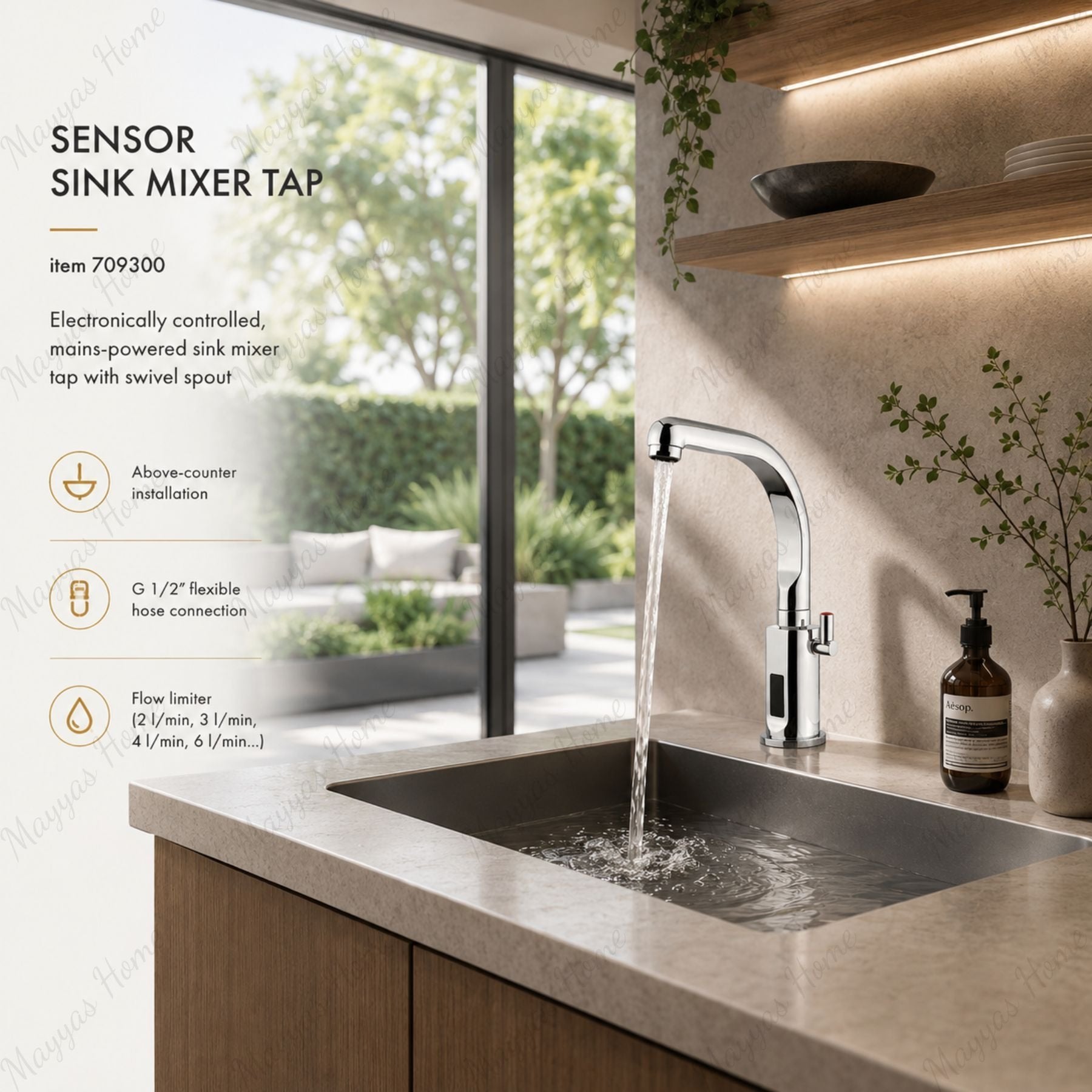 Mains-powered automatic sensor mixer tap with swivel spout and chrome finish. Water-saving touchless faucet for UAE washrooms, hotels, offices, and commercial spaces.
