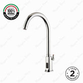 Mains-powered sensor mixer tap with swivel spout, chrome finish and water-saving flow control. Perfect for hygienic commercial and residential washrooms.