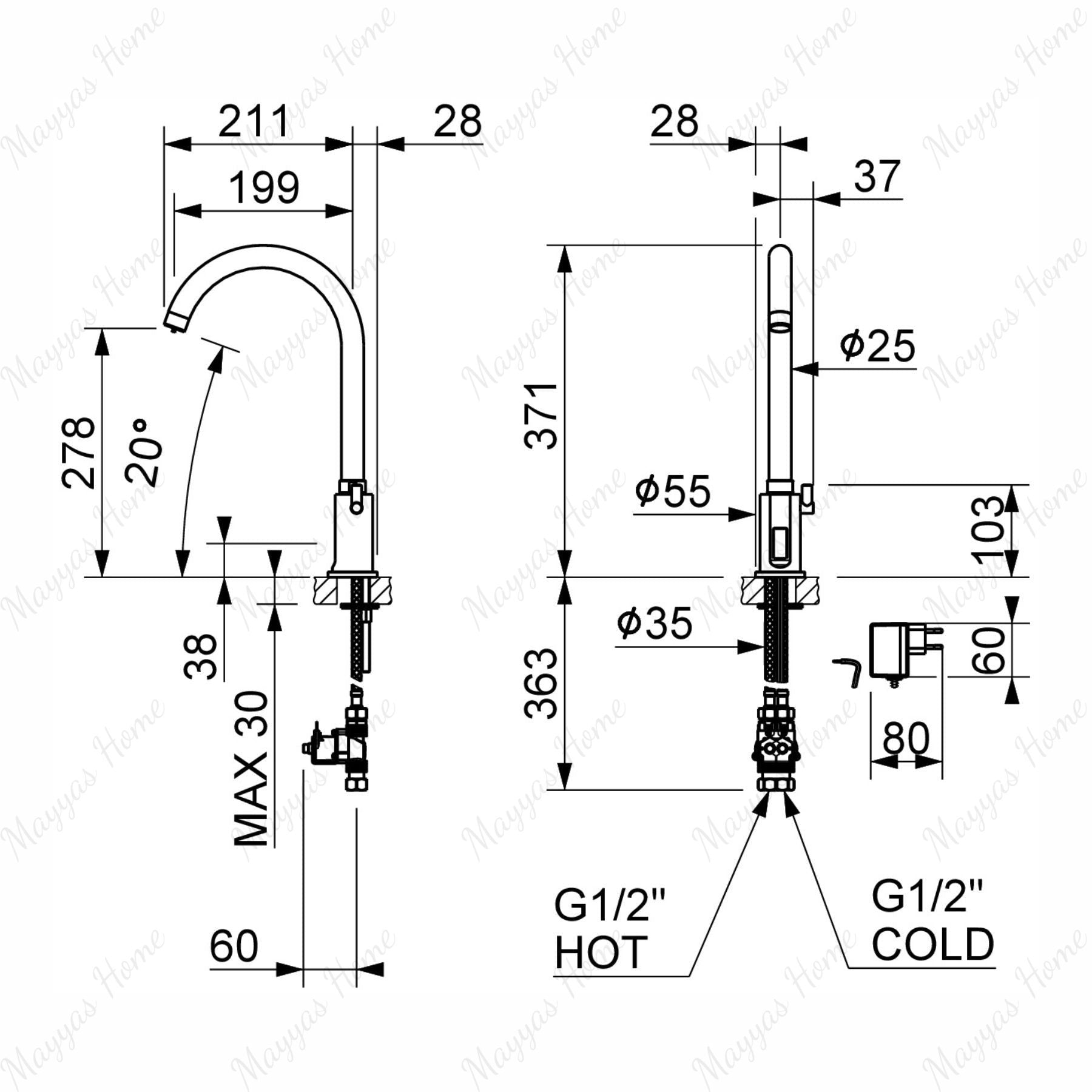 Mains-powered sensor mixer tap with swivel spout, chrome finish and water-saving flow control. Perfect for hygienic commercial and residential washrooms.