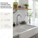 Mains-powered sensor sink mixer tap with swivel spout and chrome finish. Touchless, water-saving faucet for modern UAE bathrooms and washrooms.