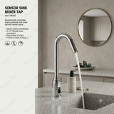 Mains-powered sensor sink mixer tap with swivel spout and premium finishes. Touchless, water-saving faucet for luxury UAE bathrooms and washrooms.
