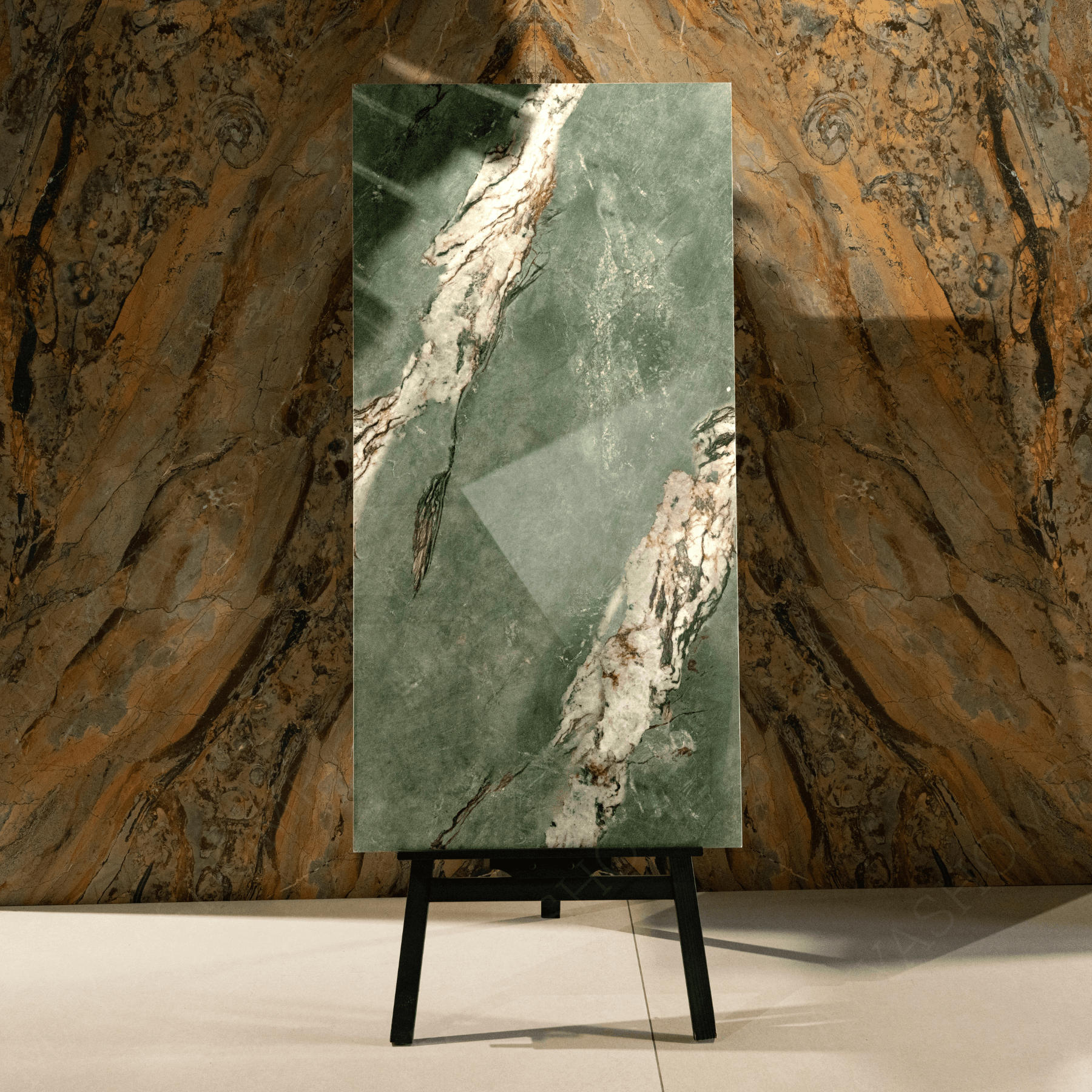 Malachite porcelain tile 60x120cm 9mm thickness, green marble look design, durable porcelain, ideal for luxury floors and feature walls.