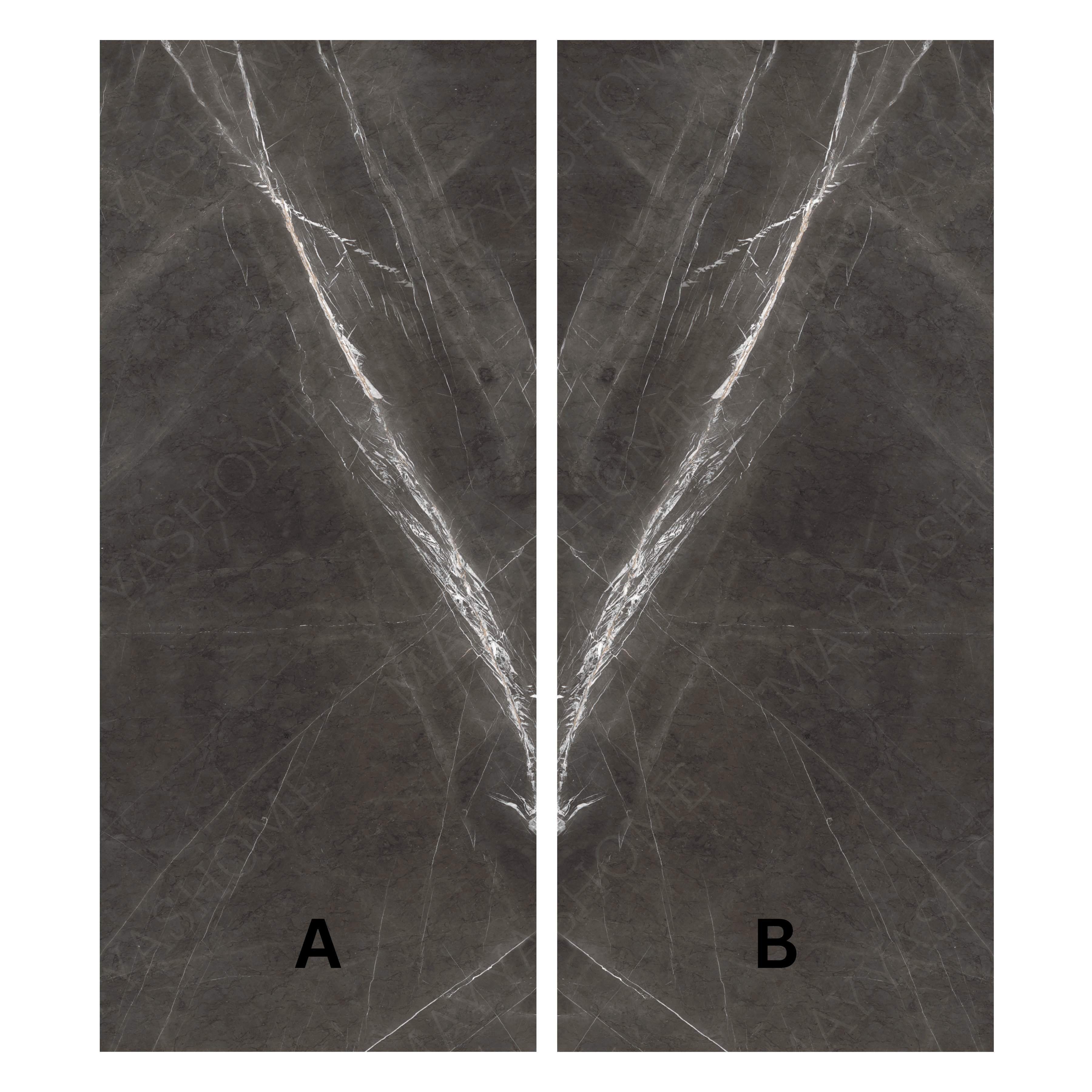 Marquina Grey book-match glossy porcelain tile 120x280cm. Striking white veining on grey with 09mm thickness, ideal for luxury interiors.