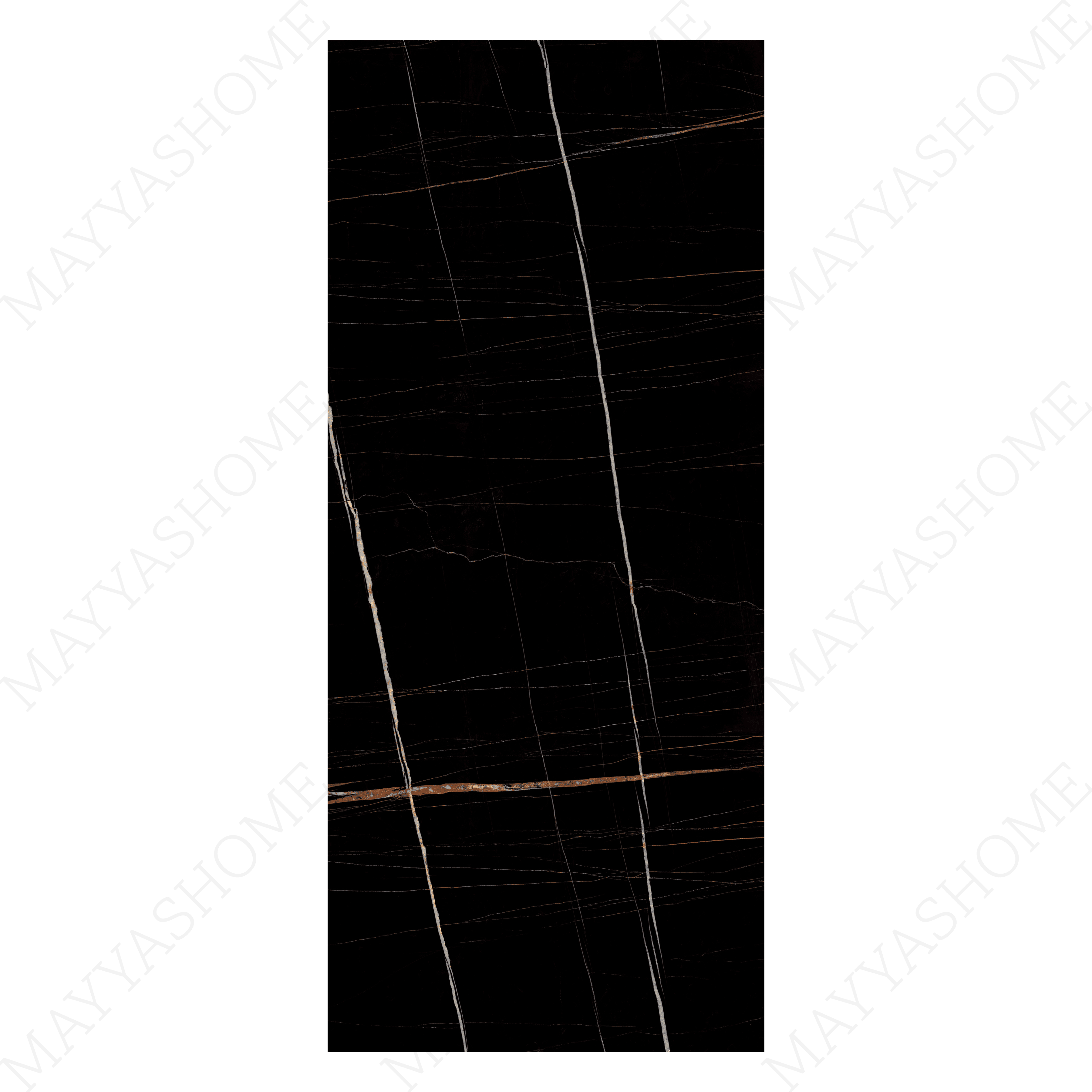 Nero Saint Laurent 120x278cm high glossy porcelain tile. Black marble look with golden veining, 09mm slab, sleek luxury finish for premium interiors.