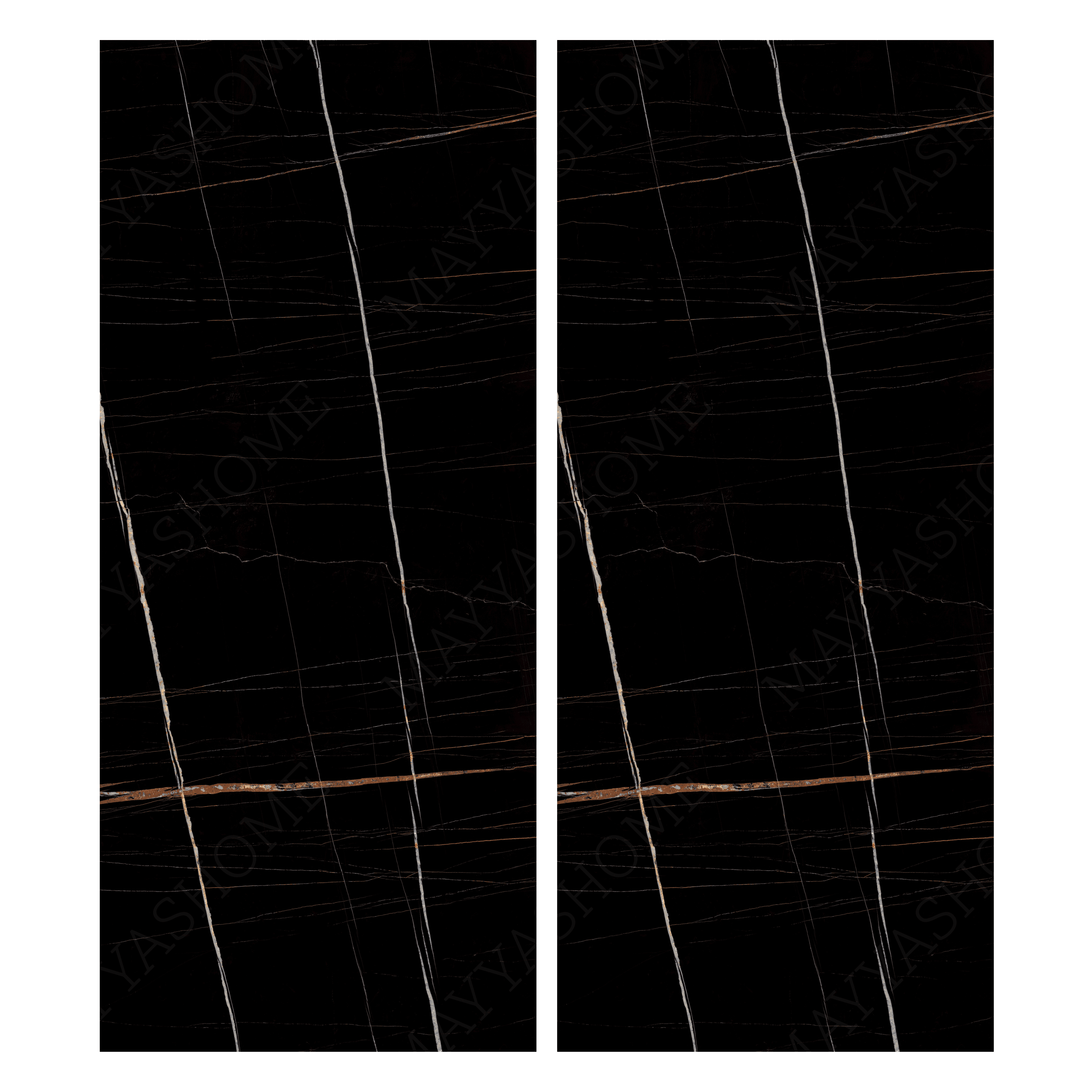Nero Saint Laurent 120x278cm high glossy porcelain tile. Black marble look with golden veining, 09mm slab, sleek luxury finish for premium interiors.