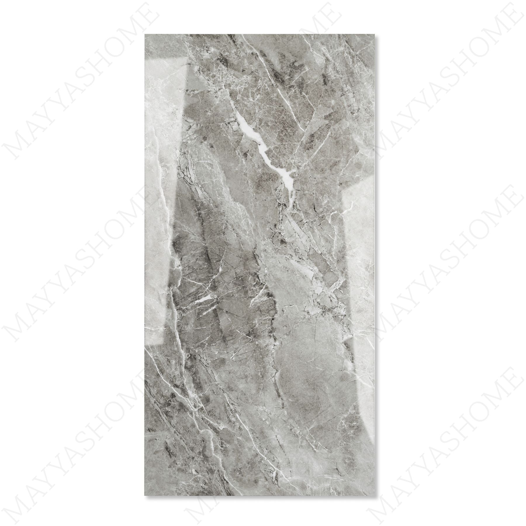 Opel Gris glossy porcelain tile 60x120cm with 9mm thickness features elegant grey tones, refined surface texture and luxurious polished finish.