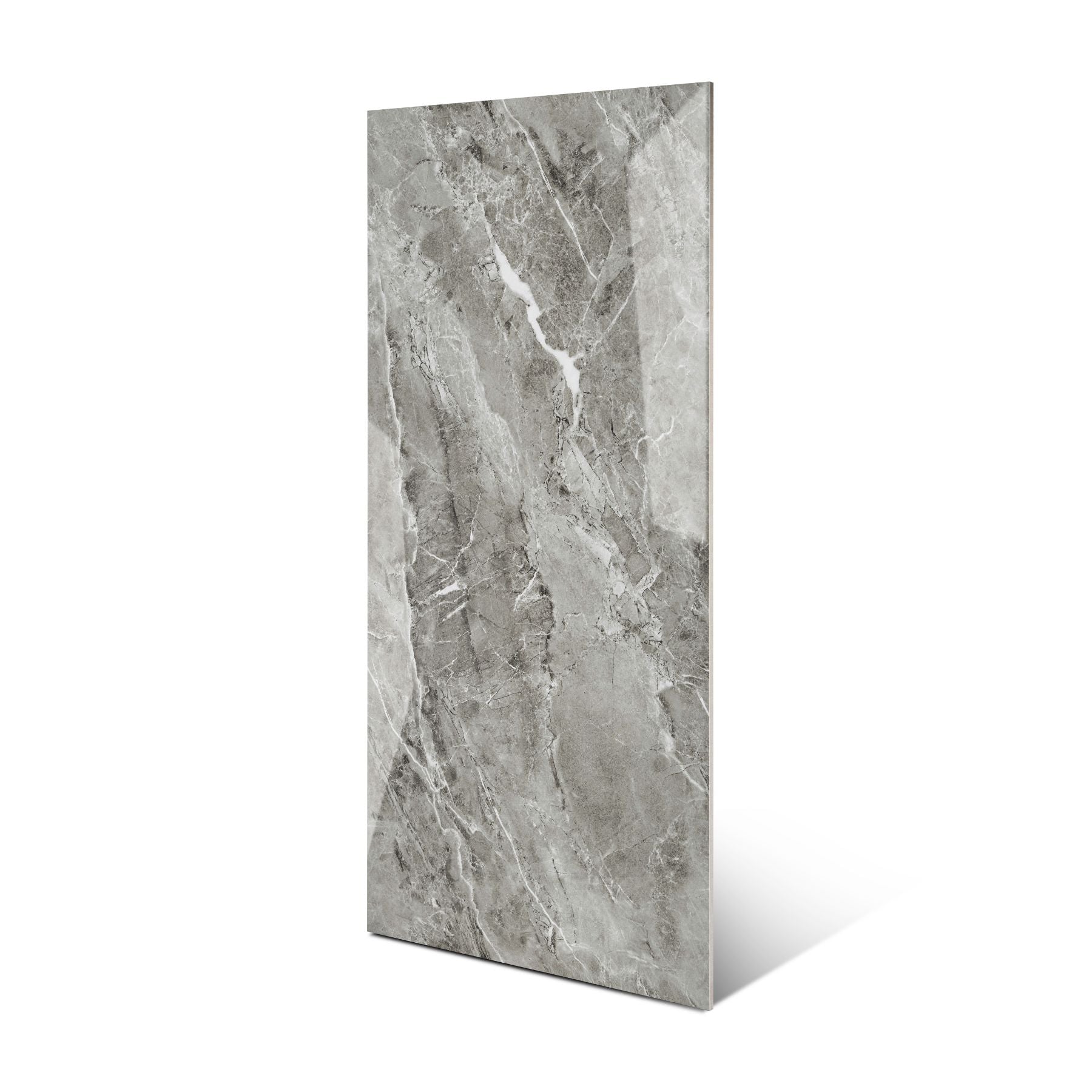 Opel Gris glossy porcelain tile 60x120cm with 9mm thickness features elegant grey tones, refined surface texture and luxurious polished finish.